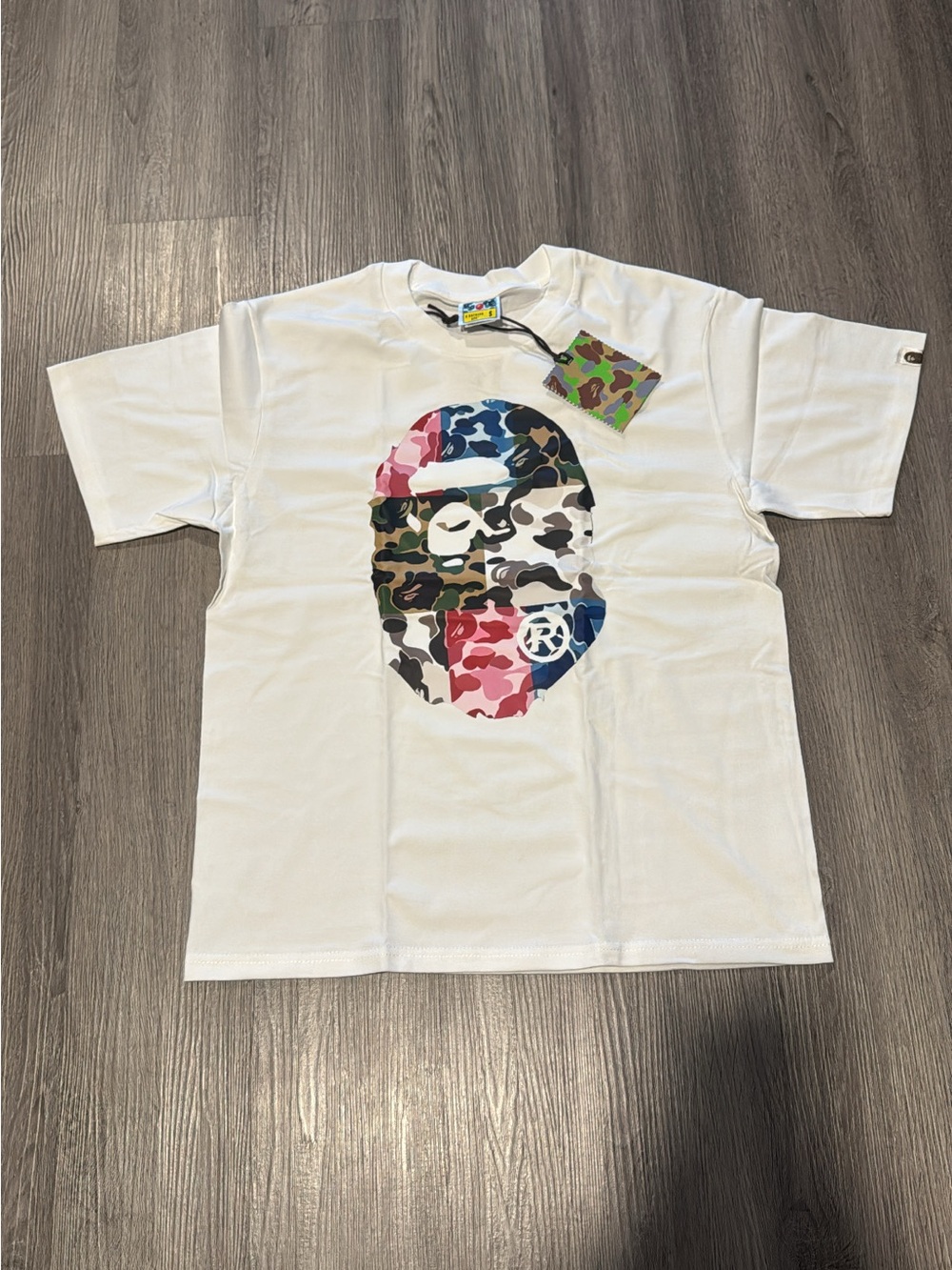 Bape White Tee with Multi-Camo Ape Head Graphic
